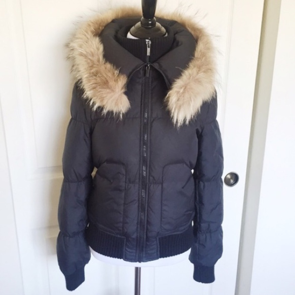 BCBG Max Azria Raccoon Fur Collar Down Puffer Coat Black